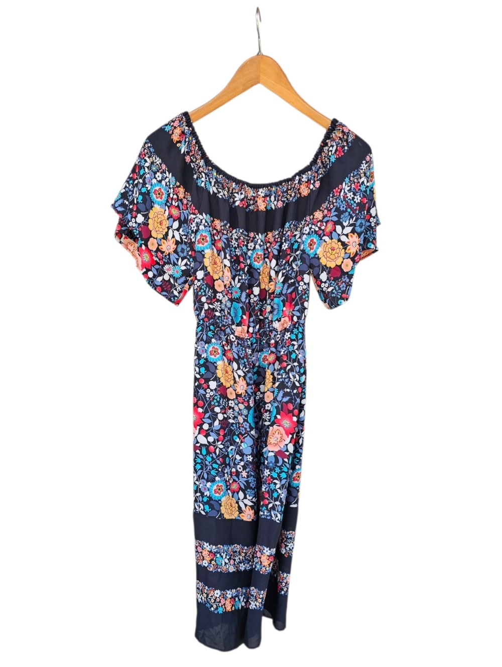 LOFT Black Floral Off-Shoulder Maxi Dress with Multicolor Blooms Size XS